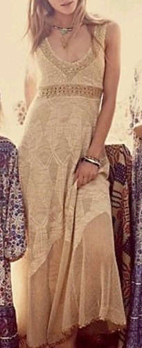 Free People Lace Crochet Beige Gold Women's Maxi Dress Sequined #01 - Picture 16 of 17