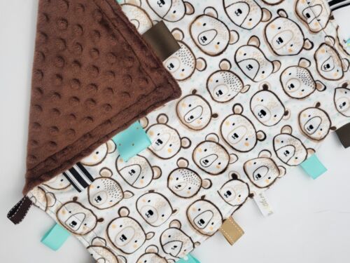Handmade Gray Bear faced baby Double minky Taggie Tag security blanket 20 x 20. - Picture 2 of 35