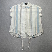 Sanctuary Top Women Large White Blue Stripe Linen Blend Tie Front Button Light