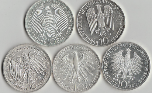 Fünf 10 DM Gedenkmünzen 1992 D, 1989 G, 1988 F, 1990 F, 1987 G, vorzüglich - Bild 2 von 2