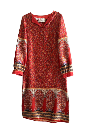 Vintage Marina Ferrari Italy Saks Vintage 100% Seide Kaftan Kleid Rot Floral S/M - Bild 1 von 5