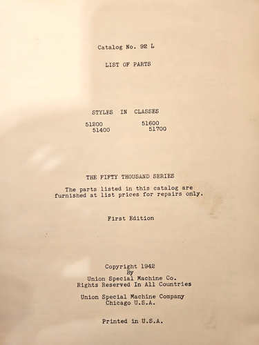 Union Special Sewing Machine Parts List 51200 51400 51600 51700 1st Edition 1942 - Picture 3 of 11