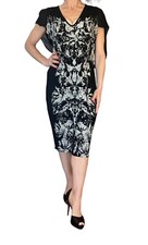 y2k Isabel de Pedro Cap sleeve V Neck Printed Column Black Dress 12 Avant Garde