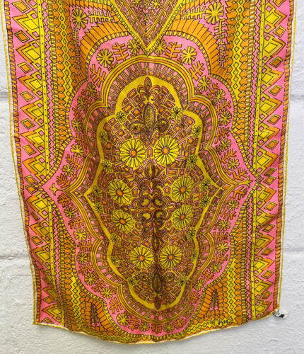 VERA Neumann Silk Scarf Orange Pink Yellow 60s Mod Japan Hand Rolled Mandala Vtg - Picture 4 of 8