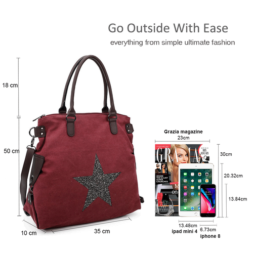 Women Large & Strong Sparkling Star Canvas Tote Hobo Work Bag Shoulder Handbag - Picture 3 of 12