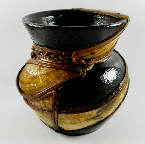 Handmade Artistic Pottery Vase Design W/Colorful Leather Wrap Art Nouveau Black - Picture 4 of 14