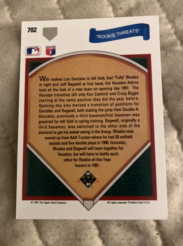 1991 Upper Deck Rookie Threats Luis Gonzalez, Jeff Bagwell, Karl Rhodes # 702 - Bild 2 von 2