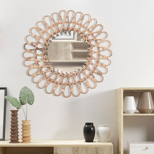 Hanging Wall Round Mirror Home Rattan Nordic Wicker Home Decor Art Mirrors US