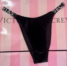 NWOT VICTORIA'S SECRET BLACK SILVER CRYSTAL LOGO VELVET BRAZILIAN CHEEKY PANTIES