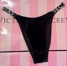 NWOT VICTORIA'S SECRET BLACK SILVER CRYSTAL LOGO VELVET BRAZILIAN CHEEKY PANTIES