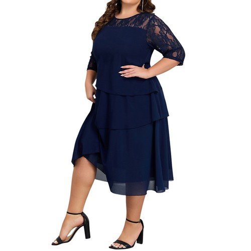 Plus Size Womens Lace Chiffon Midi Dress Party Cocktail Ladies Evening Ball Gown - Picture 12 of 20