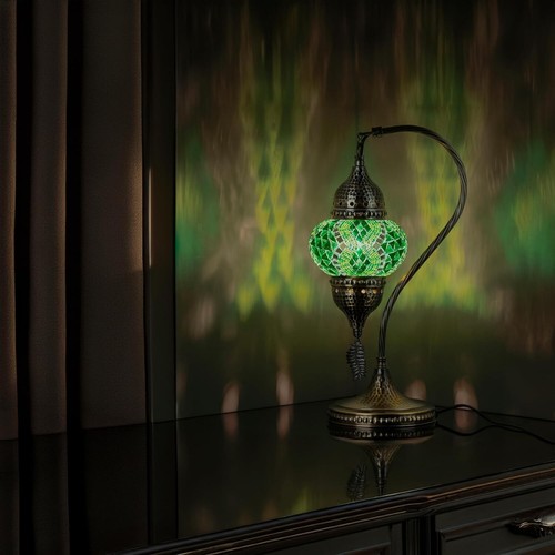 Elegant 15.5-Inch Turkish Bedside Lamp - Antique Brass with Stained Glass Shade - Picture 4 of 11