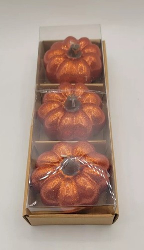 3er Set Glitzer Kürbis Kerzen Halloween Erntedank Deko Neu im Karton - Bild 3 von 6