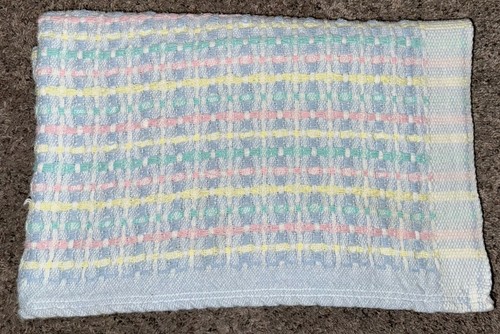 Vintage Cotton Baby Blanket Blue Yellow Pink Waffle Weave Knit USA 50x38 Beacon?