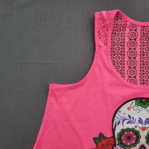 No Boundaries Shirt Youth Girls Large Sleeveless Tank Skull Roses Pullover Pink - Picture 2 of 10