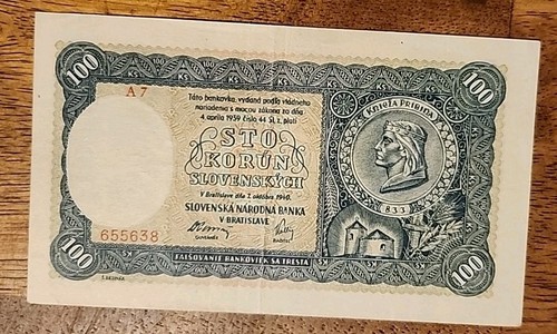 Slovakia PK #11a 1940 100 Korun Circulated Banknote - Picture 2 of 2