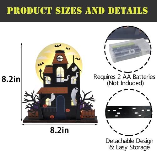 Wooden Lighted Haunted House Halloween Tabletop Decor Battery Operated Indoor - Picture 6 of 11