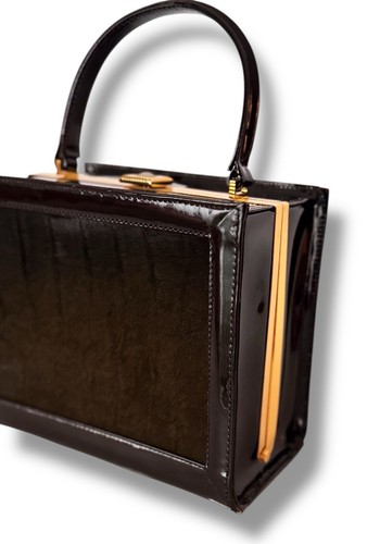 Vintage Versace Fur & Patent Leather Dark Chocolate Brown Box Bag w/ Top Handle - Picture 4 of 24
