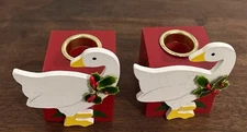 Vintage Usna Wooden Goose Country Candlestick Holders Set Of 2 Holly Grannycore