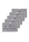 5Pack 2 Gangs Wall Sockets 13A 2 USB Ports Crystal Glass Fast Charging 20W Grey