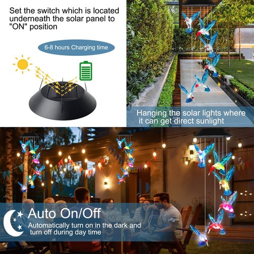 Hummingbird Wind Chime Lights Outdoor Garden Solar Wind Chimes Color Changing... - Picture 5 of 8