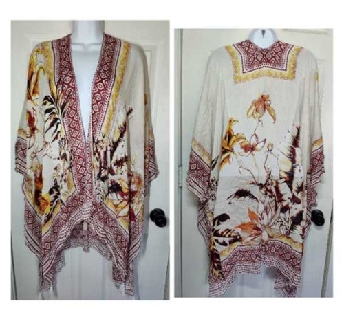 Vince Camuto Tropical Blooms Rostrot Gelb Blumen Feder Kimono Coverup Top - Bild 2 von 11