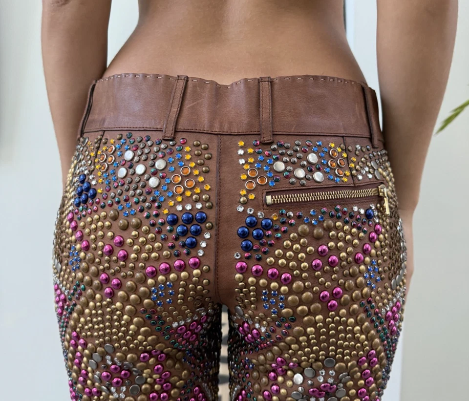 Брюки кожаные расклешенные Dolce & Gabbana 2000-е подиум с украшениями US4 IT 40 коричневые