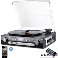 Bluetooth Turntable 3-Speed Vinyl Record Player USB SD Encoding AM FM Radio