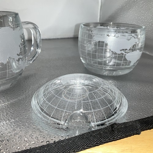Vintage Nestle Nescafe Weltkugel geätztes Glas Milchkännchen & Zuckerdose Deckel Neu aus altem Lagerbestand - Bild 4 von 4
