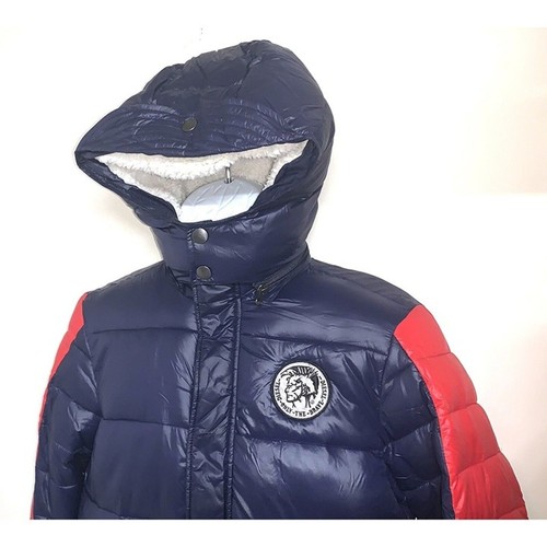 Diesel Boys XL Size 14 Only The Brave Sherpa Hooded Puffer Jacket Blue Red - Picture 3 of 12