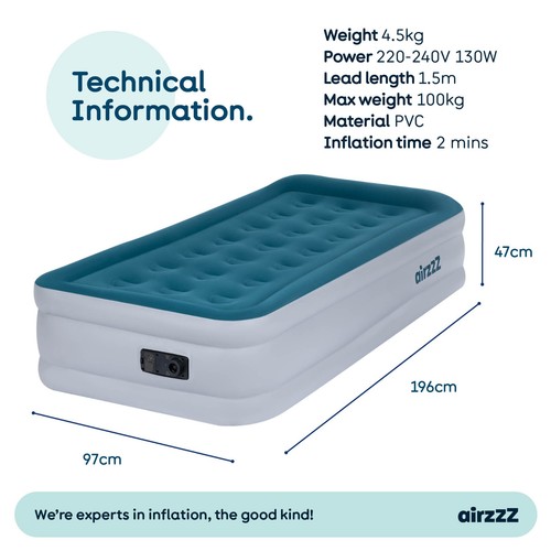 SINGLE INFLATABLE HIGH RAISED AIR BED MATTRESS AIRBED W BUILT IN ELECTRIC PUMP - Picture 7 of 9