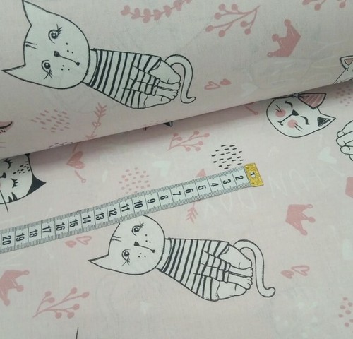 Tissu "Chats - Fun Day" / Fabrics Cat Coton 100% popeline Fond Rose Poudré - Foto 2 di 4