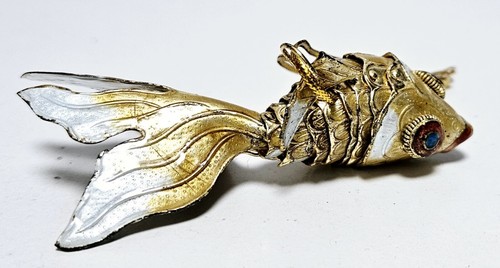 Cloisonne Articulated Tropical Fish Enamel Christmas Ornament Gold/White  - Picture 2 of 7