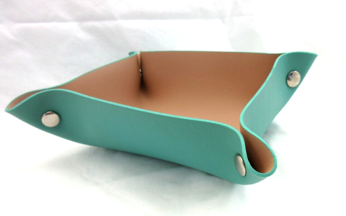 Valet Tray Catchall Leather New  7" Square Snaps Robin's Egg with Natural - Picture 2 of 9
