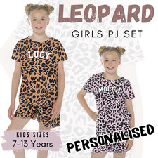 Personalised Girls Leopard Print Short Sleeve Jersey PJ Summer Nightwear UK 7-13