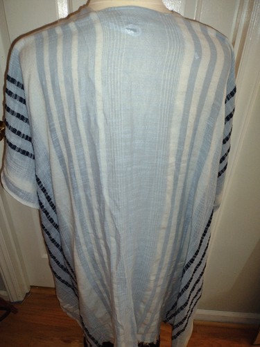 American Eagle Poncho Blue Striped Shawl Open Front One Size Fringed Boho - Picture 4 of 7