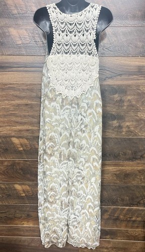 Cato Dress Woman Size 8 Crocheted Back Sleeveless Maxi Beige And White - Picture 11 of 14