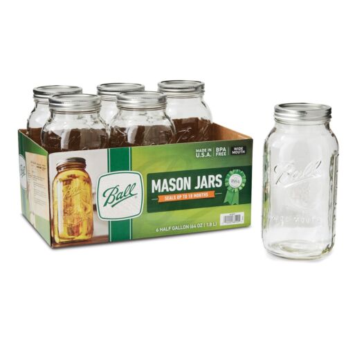 Ball Wide Mouth 64oz Half Gallon Mason Jars with Lids & Bands, 6 Count