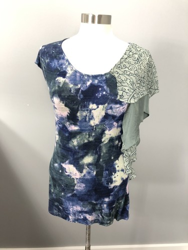 Deletta Anthropologie SZ M Tie Dye Watercolor Asymmetric Ruffle Green Purple - Picture 1 of 9