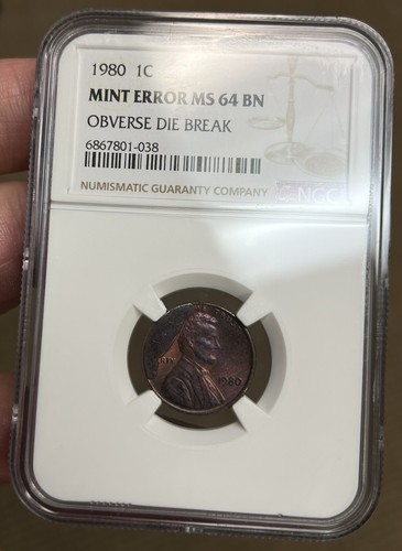 1980 Lincoln Cent NGC MS64BN CUD Obverse Die Break Toned Coin 1C Mint Error - Picture 12 of 15