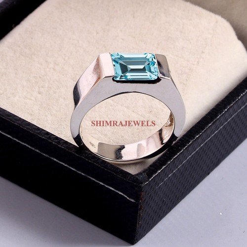 Natural Azul Piedra Topacio Con 18k Oro Blanco Chapado Plata Hombres Ring #1892 - Imagen 2 de 5