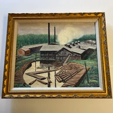 Antique Wpa Painting Industrial Factory Lumber Worker American Regionalism Old