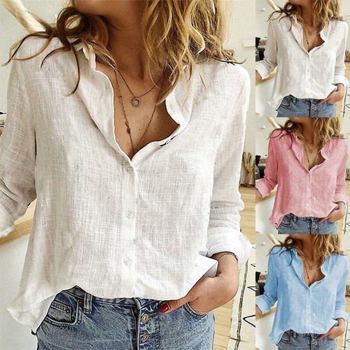 Plus Größe Frauen Baumwolle Leinen Bluse Top Langarm Casual Button Up Shirts ≌ - Picture 2 of 16