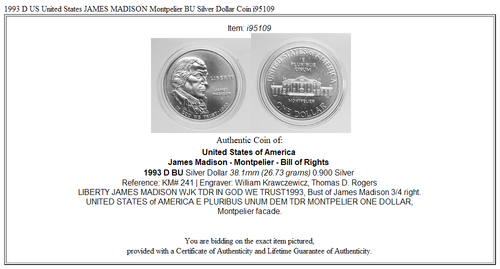 1993 D US United States JAMES MADISON Montpelier BU Silver Dollar Coin i95109 - Picture 3 of 3