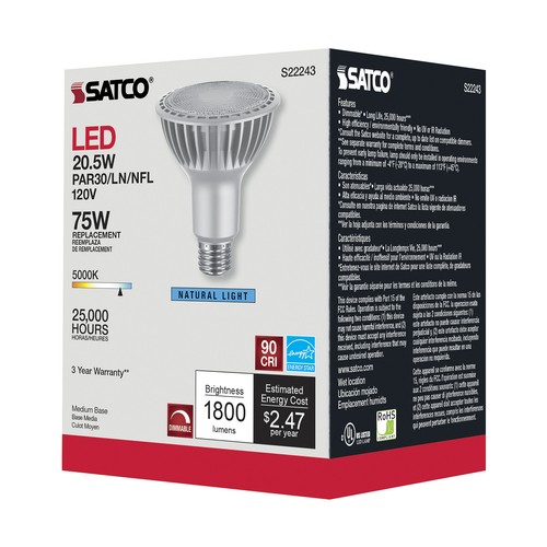 6 Pack Satco S22243 LED 120V 20.5W 75W PAR30LN Long Neck Medium E26 Silver 5000K - Picture 8 of 12