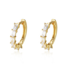 14K Gold Sparkling Baguette CZ Huggie Hoop Earrings Sterling Silver Set Box I125