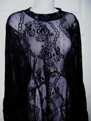 ALTO Para Mujer 1X Elegante Negro Encaje Cuello Alto Top Transparente Mangas Largas Campana Elegante - Imagen 11 de 12