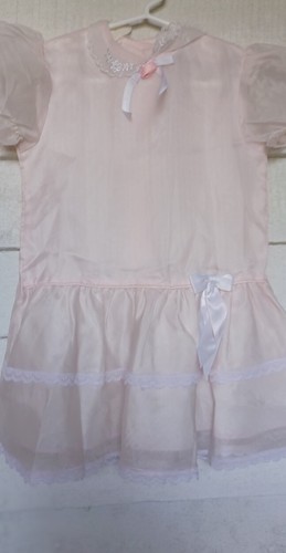  Easter Vintage  pink Floral Lace Tiered Full Dress 5 Girls usa sheer - Picture 1 of 9