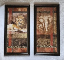 Set 2 Large 24"x12 African Safari Elephant Lion Wall Framed Art Hanging Designs