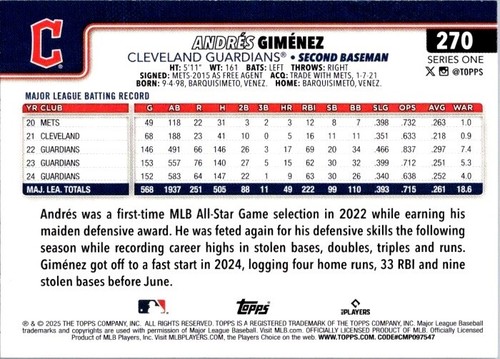2025 Topps Series 1 - Andres Gimenez #270 - Picture 2 of 2